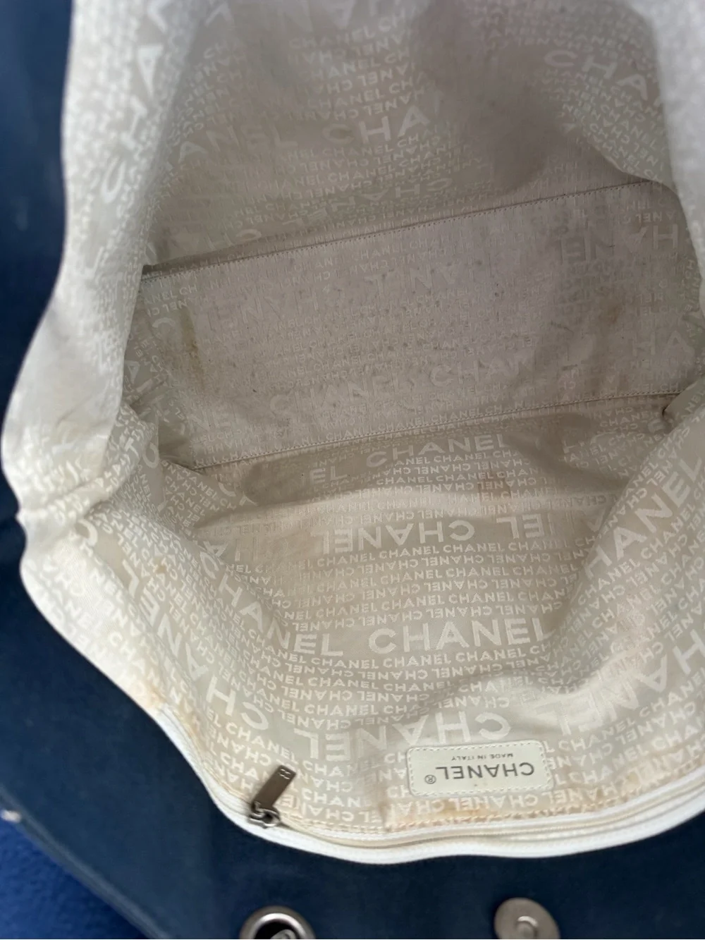 CHANEL Navy Quilted Canvas Shoulder Tote with Gold Chain Handles